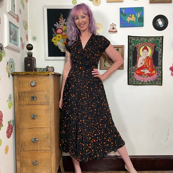 Vintage Dresses & Skirts - Vintage Black & Orange Polka Dot Dress, 1970s Flocked Crinkle Chiffon, Sz M